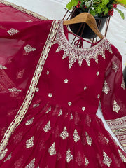 Elegant Embroidery Sequence Work Red Color Gown Elegant Embroidery Sequence Work Red Color Gown