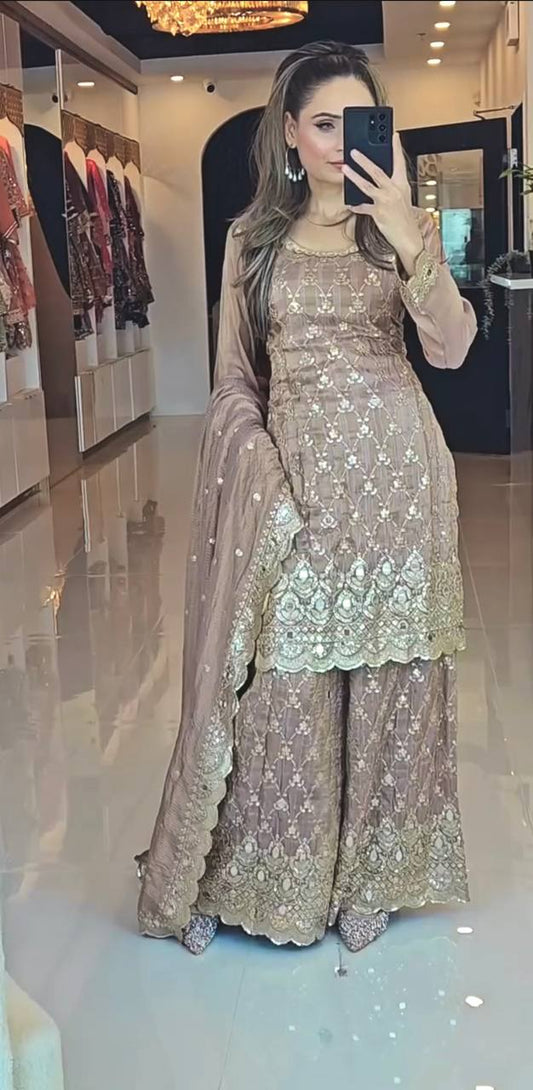 Gorgeous Chinnon Silk Beige Color Sharara Suit