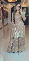 Gorgeous Chinnon Silk Beige Color Sharara Suit Gorgeous Chinnon Silk Beige Color Sharara Suit