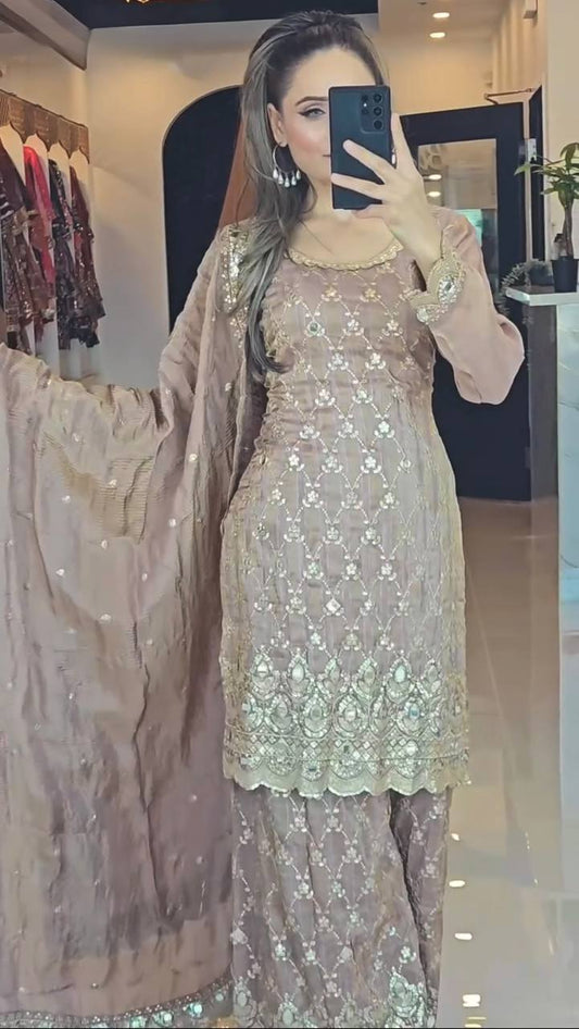 Gorgeous Chinnon Silk Beige Color Sharara Suit