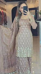 Gorgeous Chinnon Silk Beige Color Sharara Suit Gorgeous Chinnon Silk Beige Color Sharara Suit