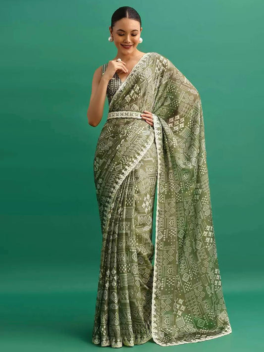 Awesome Digital Prints Green Saree