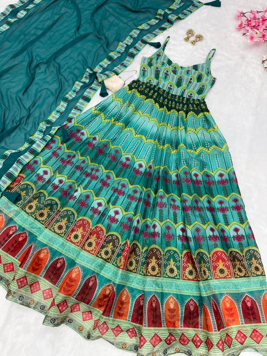 Beautiful Organza Silk Digital Printed Multi Teal Blue Color Anarkali Gown