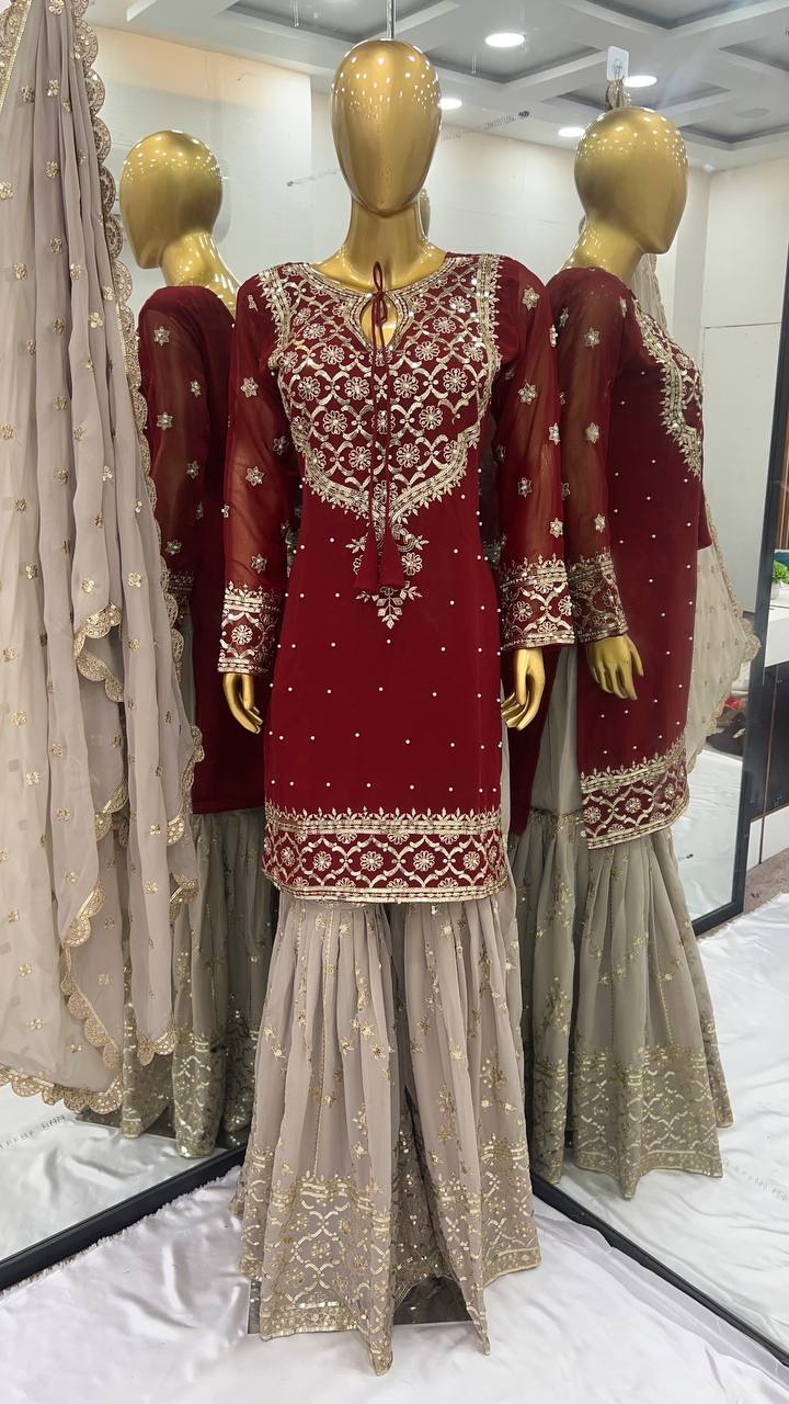Wonderful Embroidery Sequence Work Red Color Sharara Suit