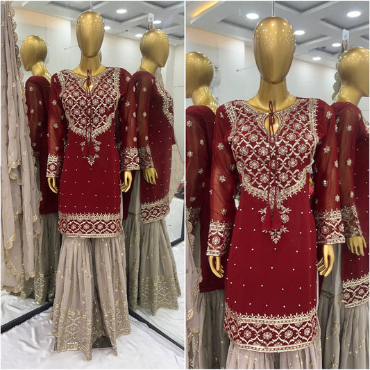Wonderful Embroidery Sequence Work Red Color Sharara Suit