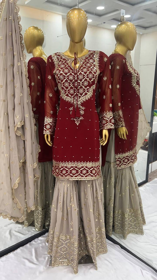 Wonderful Embroidery Sequence Work Red Color Sharara Suit