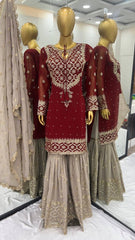 Wonderful Embroidery Sequence Work Red Color Sharara Suit Wonderful Embroidery Sequence Work Red Color Sharara Suit