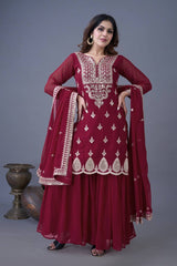 Marvelous Embroidery Work Maroon Color Sharara Suit Marvelous Embroidery Work Maroon Color Sharara Suit