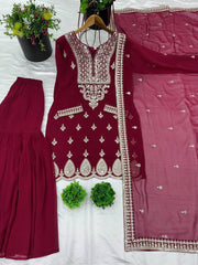 Marvelous Embroidery Work Maroon Color Sharara Suit Marvelous Embroidery Work Maroon Color Sharara Suit