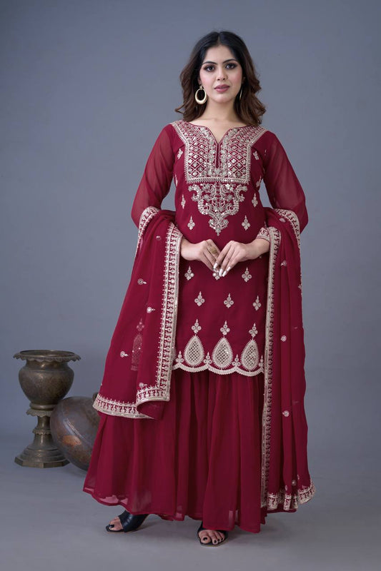 Marvelous Embroidery Work Maroon Color Sharara Suit