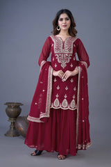 Marvelous Embroidery Work Maroon Color Sharara Suit Marvelous Embroidery Work Maroon Color Sharara Suit