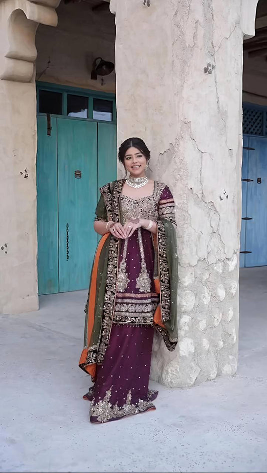Function Wear Embroidery Work Wine Color Sharara Suit