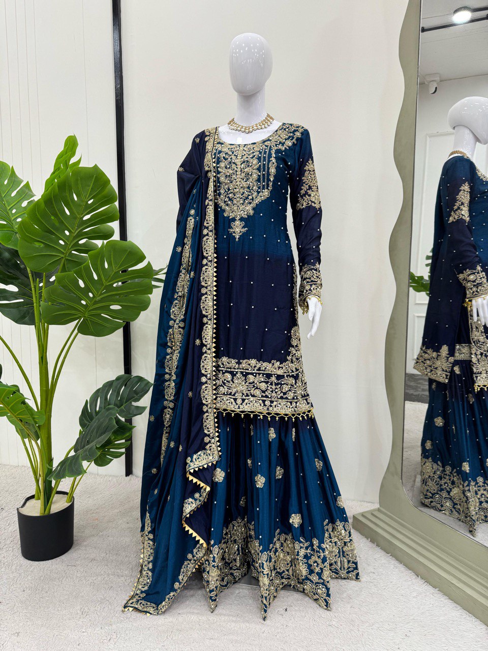 Preferable Chinon Silk Double Shade Navy Blue Color Sharara Suit