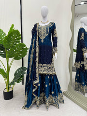 Preferable Chinon Silk Double Shade Navy Blue Color Sharara Suit Preferable Chinon Silk Double Shade Navy Blue Color Sharara Suit