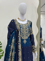 Preferable Chinon Silk Double Shade Navy Blue Color Sharara Suit Preferable Chinon Silk Double Shade Navy Blue Color Sharara Suit