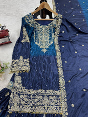 Preferable Chinon Silk Double Shade Navy Blue Color Sharara Suit Preferable Chinon Silk Double Shade Navy Blue Color Sharara Suit