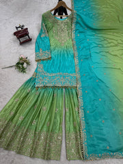 Preferable Chinon Silk Double Shade Green Color Sharara Suit Preferable Chinon Silk Double Shade Green Color Sharara Suit