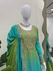 Preferable Chinon Silk Double Shade Green Color Sharara Suit Preferable Chinon Silk Double Shade Green Color Sharara Suit