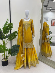 Preferable Chinon Silk Double Shade Mustard Color Sharara Suit Preferable Chinon Silk Double Shade Mustard Color Sharara Suit
