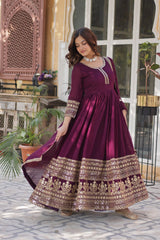 Outstanding Rich Embroidery Sequence Work Wine Color Gown Outstanding Rich Embroidery Sequence Work Wine Color Gown