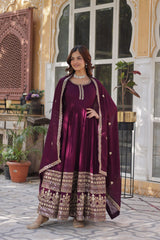 Outstanding Rich Embroidery Sequence Work Wine Color Gown Outstanding Rich Embroidery Sequence Work Wine Color Gown