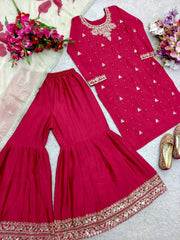 Occasion Wear Embroidery Work Red Color Sharara Suit Occasion Wear Embroidery Work Red Color Sharara Suit