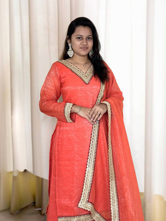 Amazing Soft Gold Crush Silk Orange Color Palazo Suit