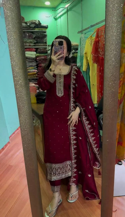 Exclusive Chinnon Silk Maroon Color Salwar Suit