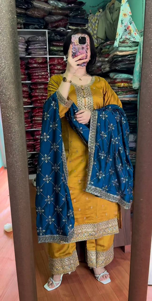Stunning Yellow Color Chinnon Silk Salwar Suit