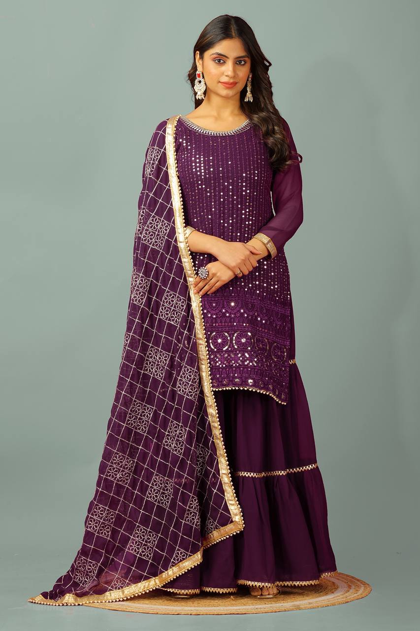 Beautiful Georgette Wine Color Sharara Suit