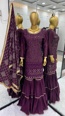 Beautiful Georgette Wine Color Sharara Suit Beautiful Georgette Wine Color Sharara Suit