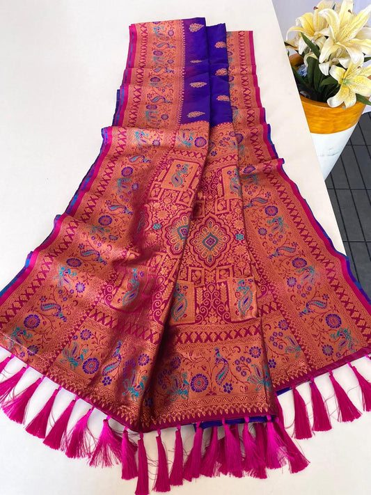 Beautiful Paithani Silk Blue Color Zari Weaves Saree