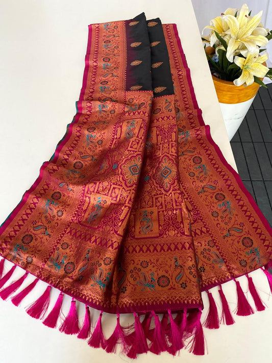 Beautiful Paithani Silk Black Color Zari Weaves Saree