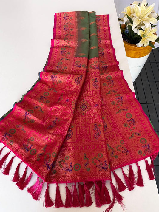 Beautiful Paithani Silk Mehndi Color Zari Weaves Saree