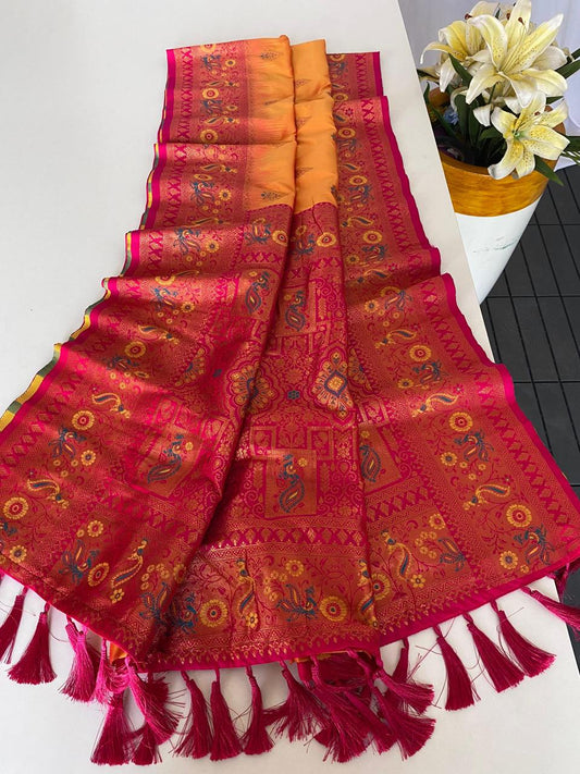 Beautiful Paithani Silk Orange Color Zari Weaves Saree