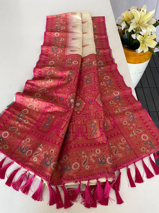 Beautiful Paithani Silk Cream Color Zari Weaves Saree
