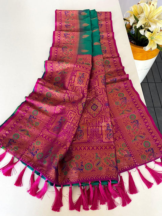 Beautiful Paithani Silk Teal Blue Color Zari Weaves Saree