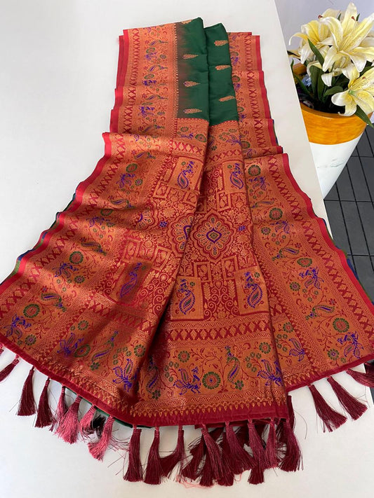 Beautiful Paithani Silk Green Color Zari Weaves Saree