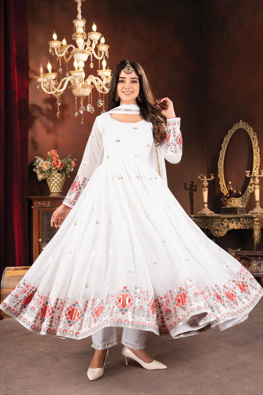 Stylish Embroidered Work White Color Gown