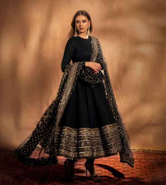 Attractive Georgette Sequence Work Black Color Gown