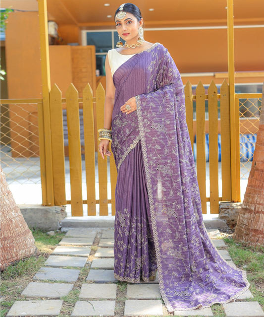Function Wear Floral Design Lavender Color Saree