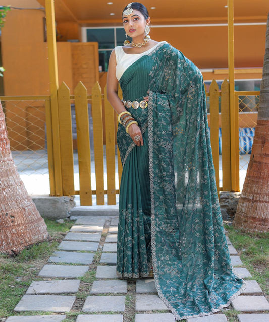 Function Wear Floral Design Teal Green Color Saree