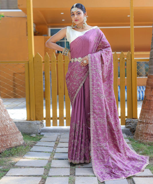 Function Wear Floral Design Pink Color Saree