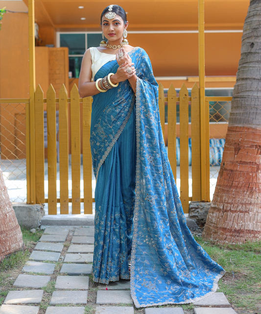 Function Wear Floral Design Teal Blue Color Saree