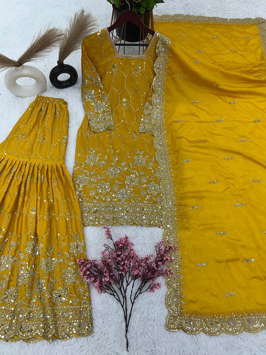 Shining Gorgeous Sequence Work Yellow Color Silk Sharara Suit