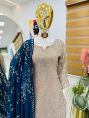 Exclusive Sequence Work Beige Color Sharara Suit With Navy Blue Dupatta Exclusive Sequence Work Beige Color Sharara Suit With Navy Blue Dupatta