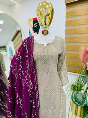 Exclusive Sequence Work Beige Color Sharara Suit With Wine Dupatta Exclusive Sequence Work Beige Color Sharara Suit With Wine Dupatta