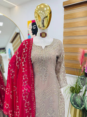 Exclusive Sequence Work Beige Color Sharara Suit With Pink Dupatta Exclusive Sequence Work Beige Color Sharara Suit With Pink Dupatta