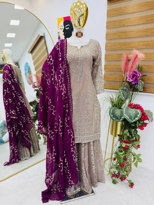 Exclusive Sequence Work Beige Color Sharara Suit With Wine Dupatta