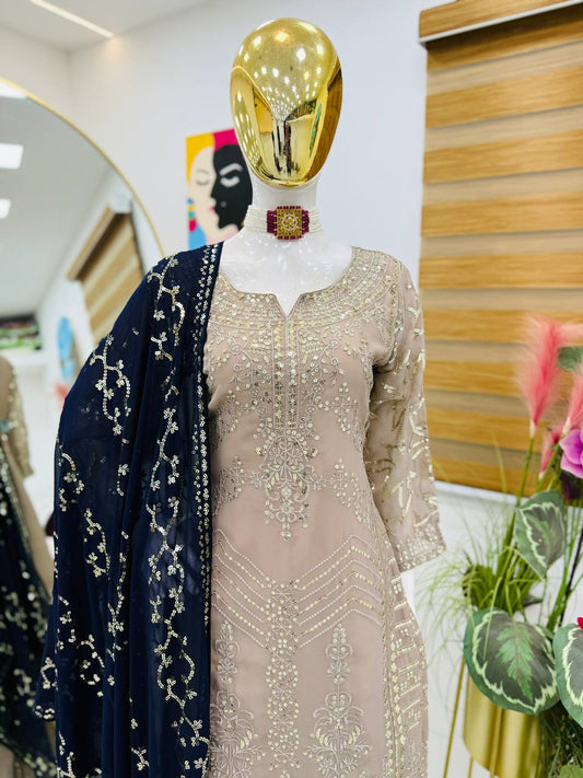 Exclusive Sequence Work Beige Color Sharara Suit With Black Dupatta